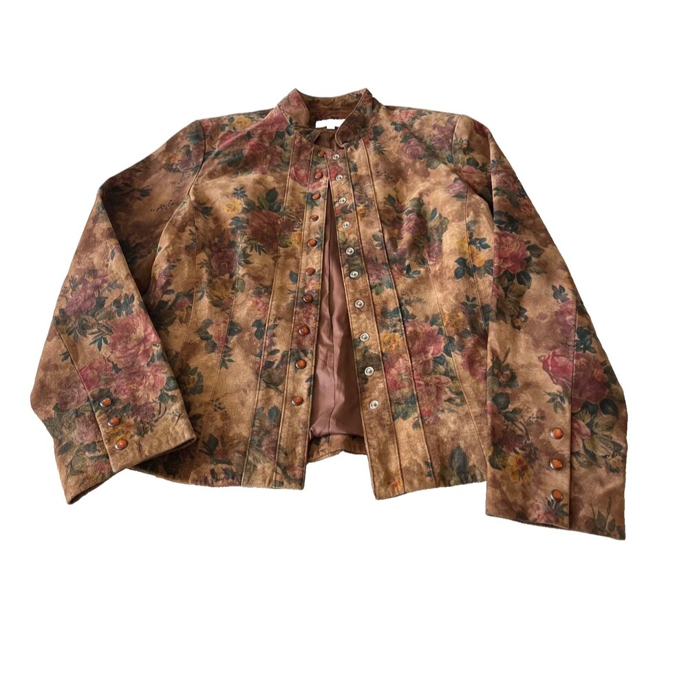VS2 Women’s Genuine Suede Floral Jacket size L Snap Front Stand Collar Shacket - Picture 2 of 10